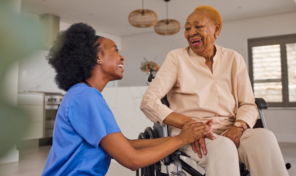 Black people, nurse and senior patient in wheelchair, elderly care and healthcare at home. Happy Af