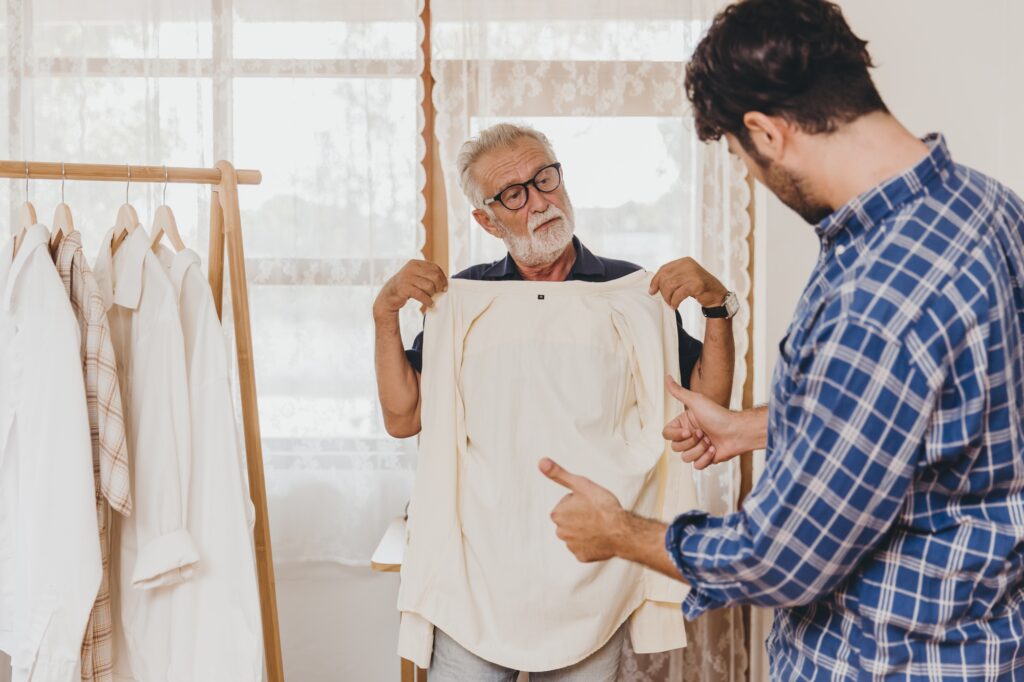 man selection casual clothes for elderly male. older father grandfather fashion dressing.