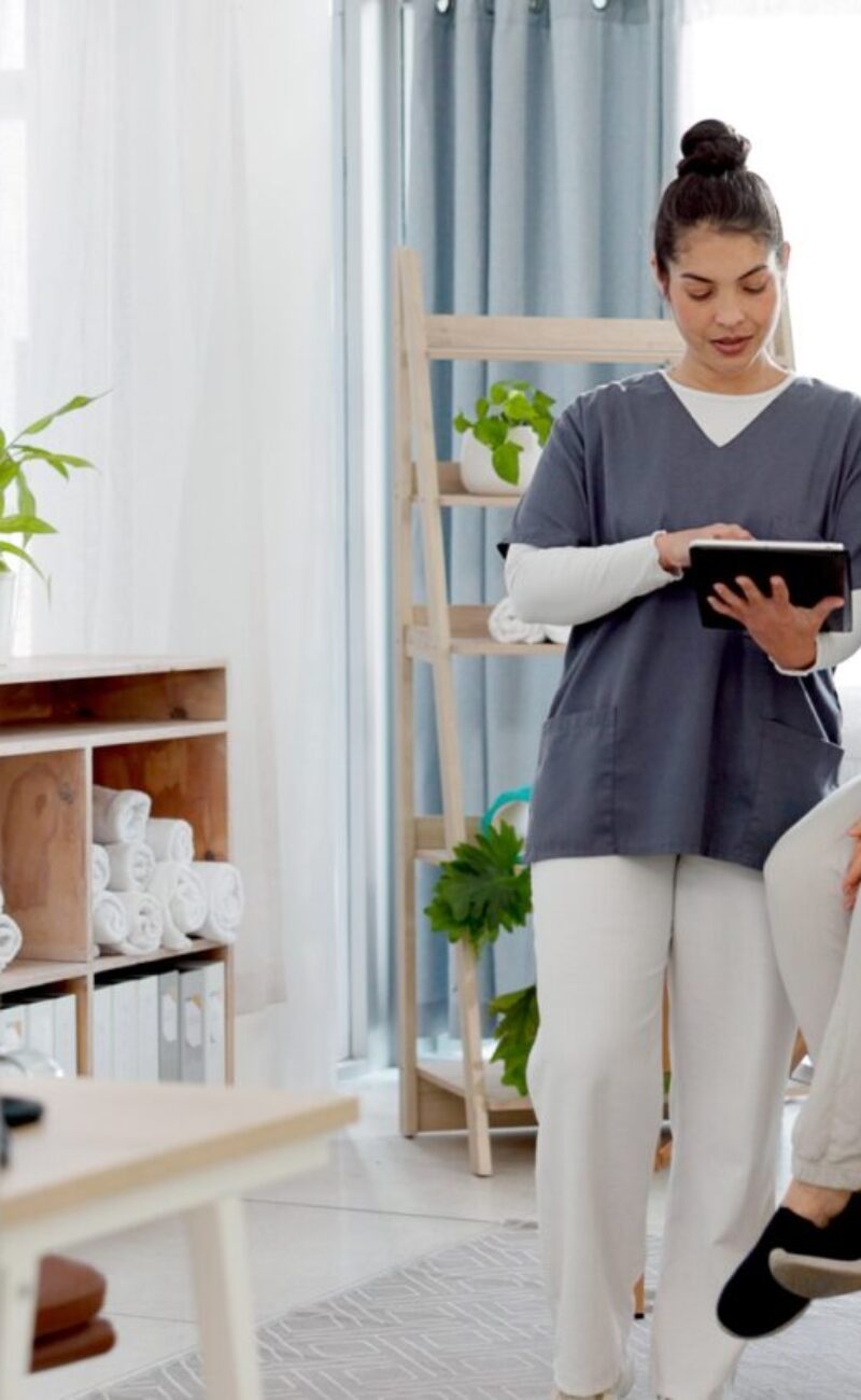 Consulting, physiotherapist and senior woman for physical therapy, healthcare service and support.